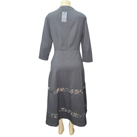 GENEVIE Dress Women Large Black Floral Lace Midi Tea Length 3/4 Sleeve Party NEW - Picture 3 of 12